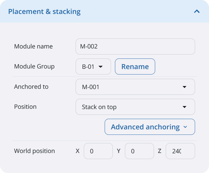 Paramodo Placement & stacking panel with module name, module group, anchor module, Stack on top position and world position fields
