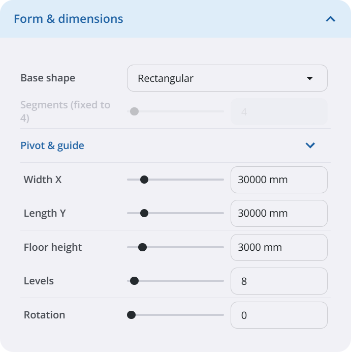 Paramodo Form & dimensions panel with base shape, width, length, floor height, levels and rotation controls