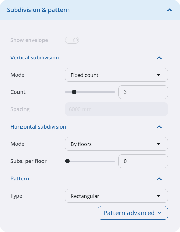 Paramodo Subdivision & pattern panel with vertical and horizontal subdivision modes and facade pattern type