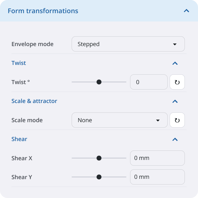 Paramodo Form transformations panel with envelope mode, twist, scale and shear controls