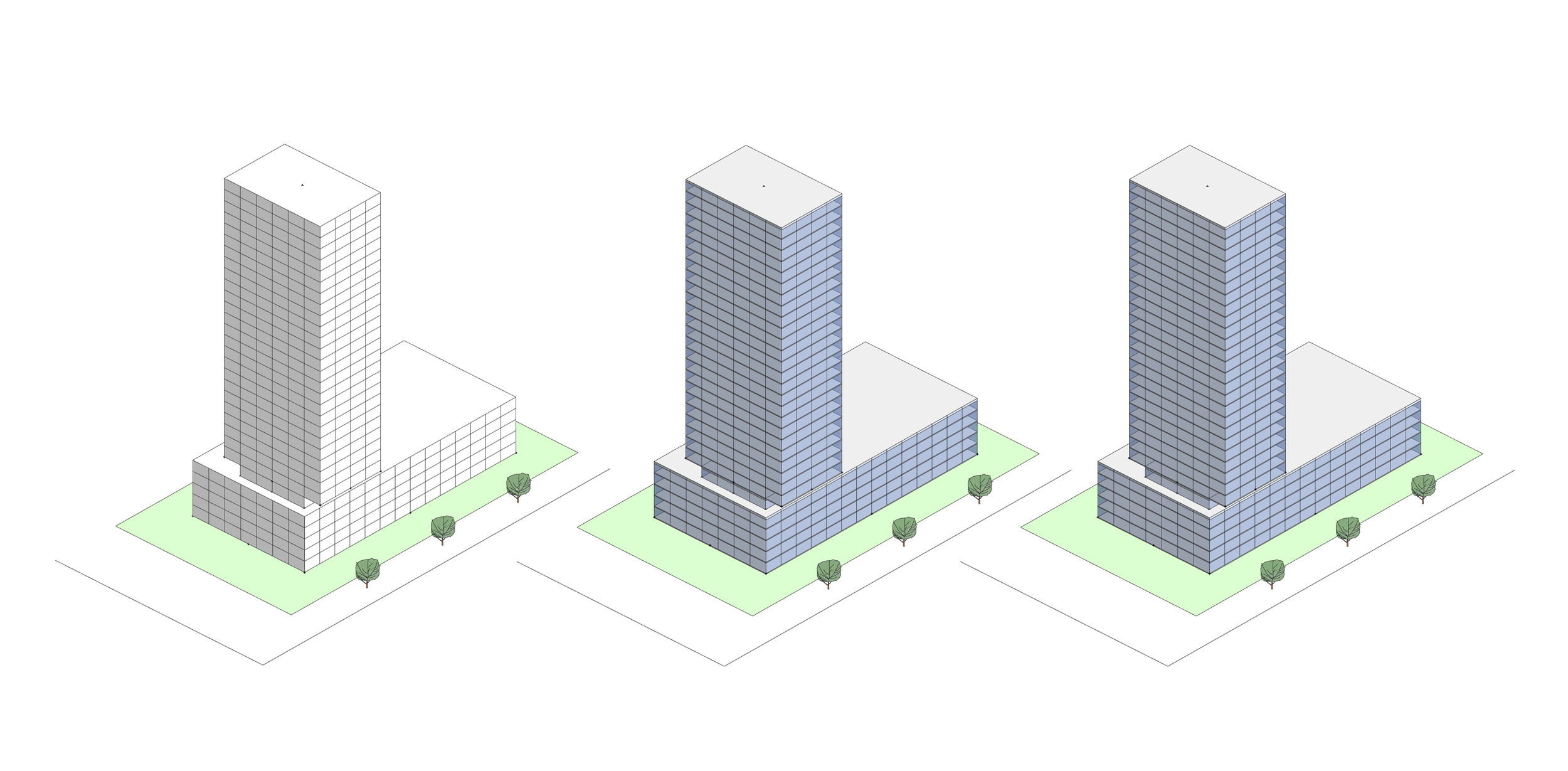 Three versions of a tower on a podium, from plain massing to a detailed facade