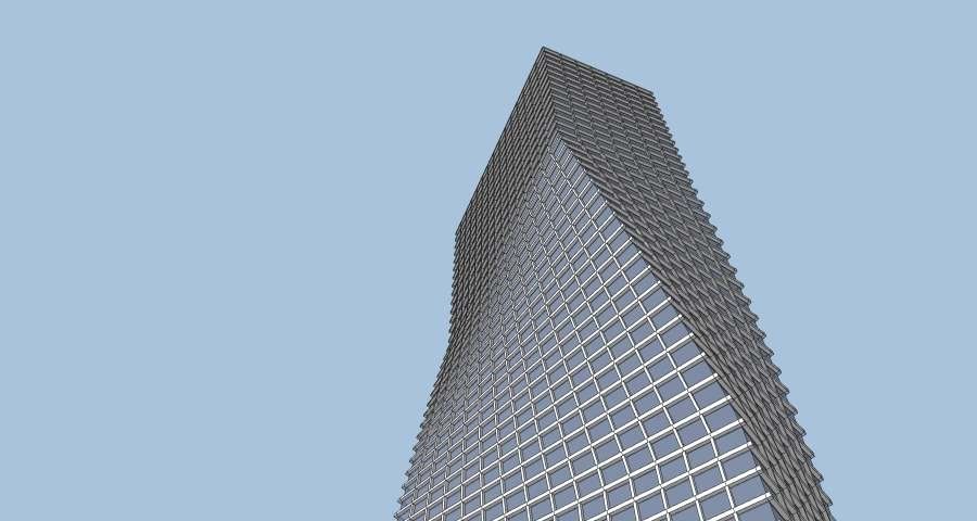 Twisting tower with a fully detailed facade grid seen from street level