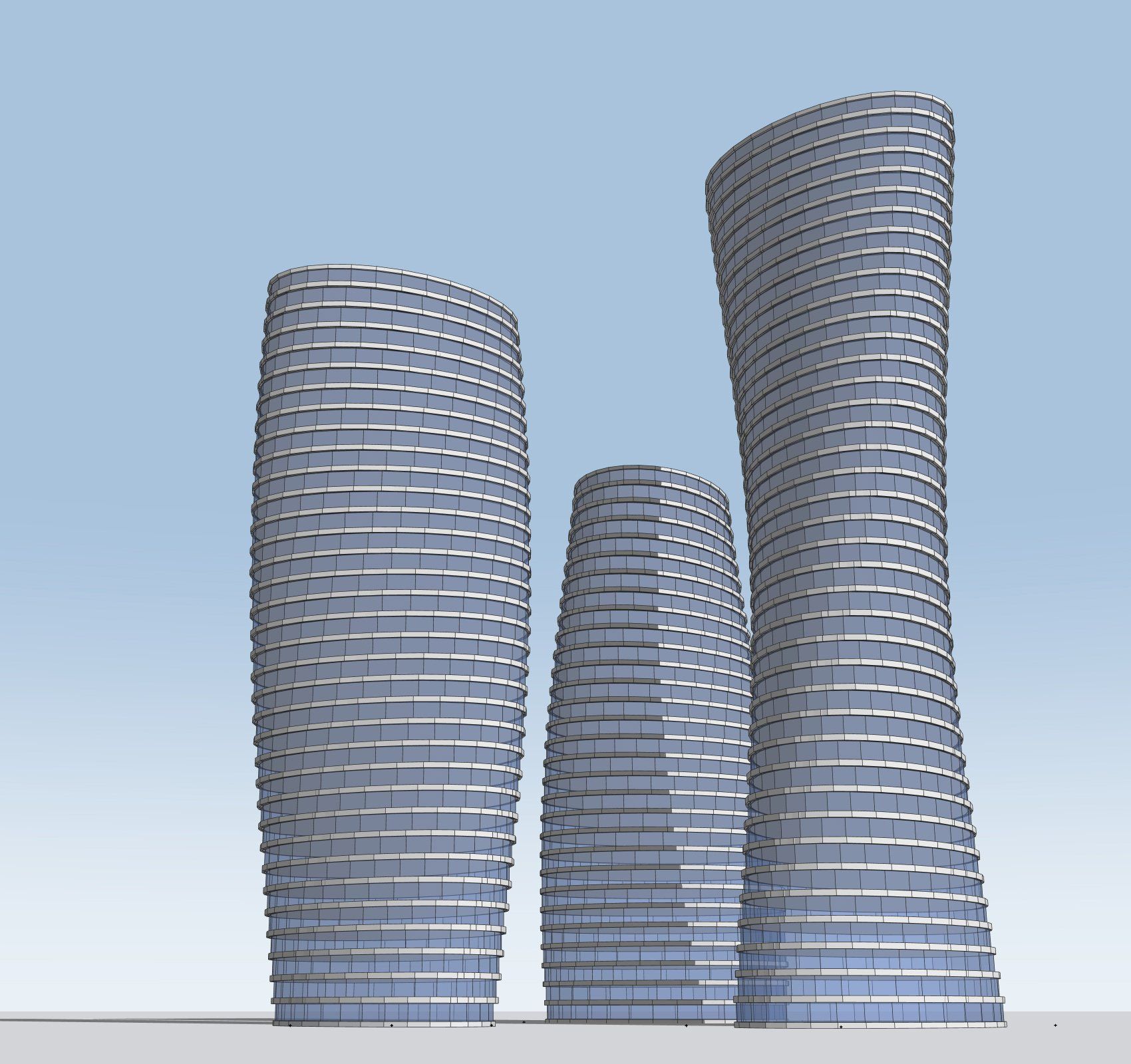 Three curved, twisting towers of different heights with continuous horizontal floor bands