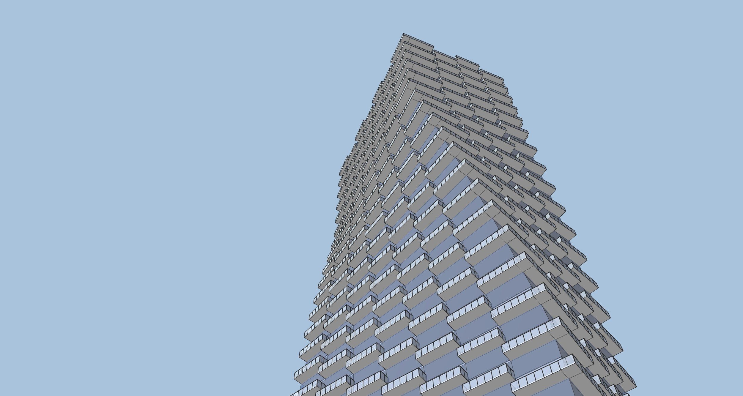 Twisting tower with projecting balconies on every floor, seen from below
