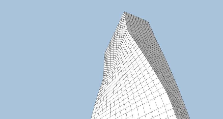Tapering tower massing in SketchUp, shown as a light floor-by-floor wireframe against a blue sky