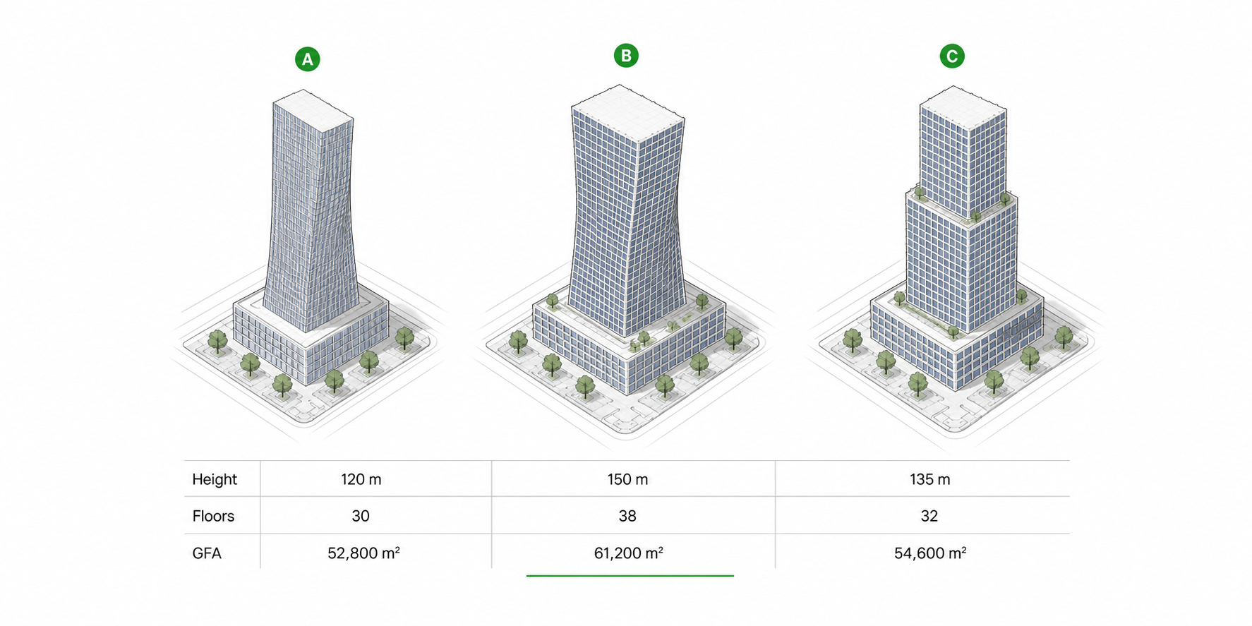 Tower options A, B and C side by side, each with its height, floor count and GFA
